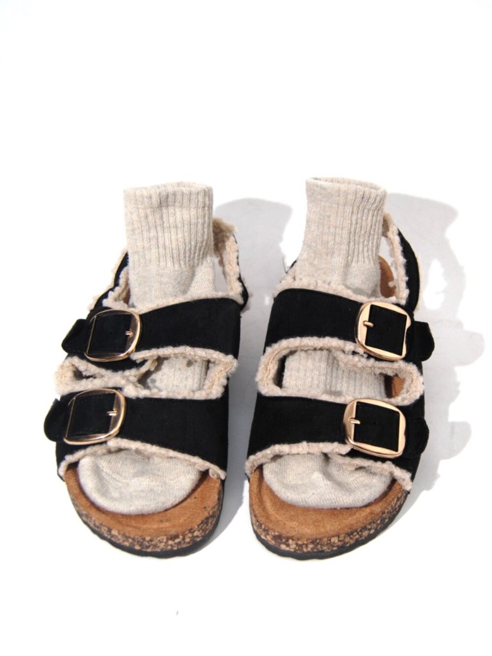 BLACK Footbed Comfort Faux Teddy Fur Buckle Slide Slipper Sandals - Picture 5 of 6